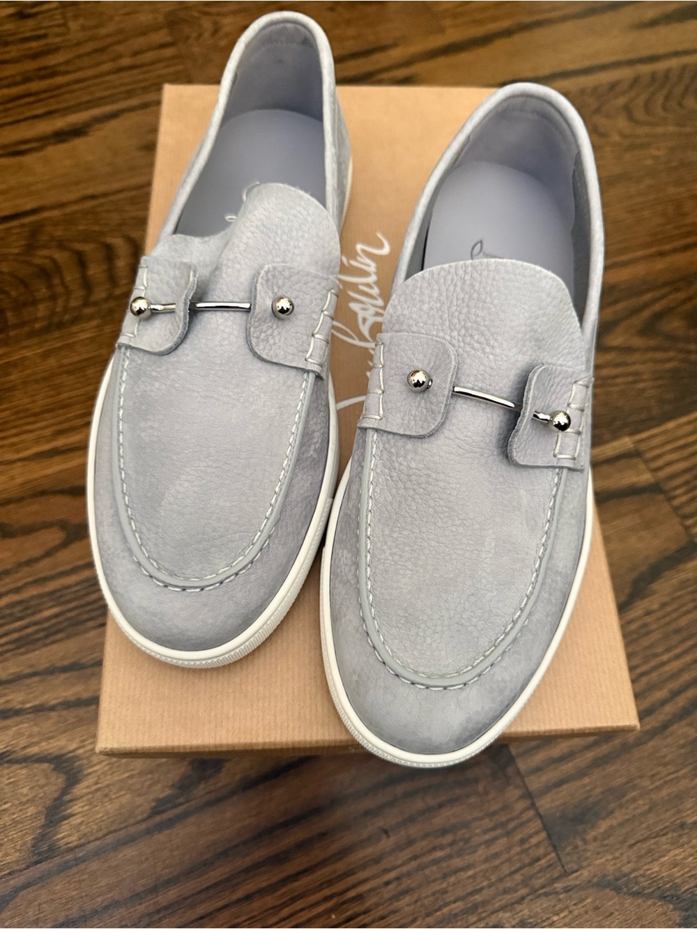 Christian Louboutin Light Gray Suede Slip-On Loafers with Silver Bit